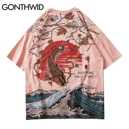 T-tröjor Streetwear hajuku män japanska koi fisk sol löv vågor print bomull kortärmad tee shirta hip hop toppar 210602