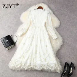 Spring Runway Moda Z Długim Rękawem Hollow Out Lace Princess Party Dress Kobiety Wysokiej Jakości Odzież Elegancka Robe 210601