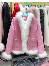 Tecido de lã de tweed de cor rosa doce de design de moda de inverno feminino forro de pele com remendos e forro de veludo casaco de espessamento quente casacos ML