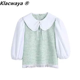 Frauen Mode Niedlichen Patchwork Strukturierte Quaste Abgeschnitten Blusen Vintage Langarm Weibliche Shirts Blusas Casual Tops 210521