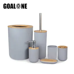 Bathroom Accessories Set 6Pcs Bamboo Kit Toothbrush Holder Soap Dispenser Toilet Brush Trash Can Essential 210709