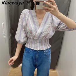 Kvinnor Vintage Färg Striped Blouse V-Neck Puff Sleeve Loose Summer Top Ladies Fashion Close Waist Short Shirt 210521