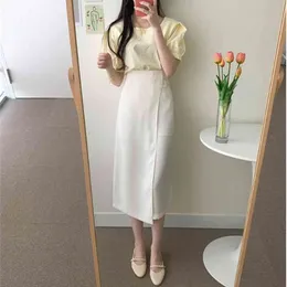 S-XL Spring 2 piece suit shourt sleeve summer Girls blouse Vintage Women Female solid long skirt suits Robe sold separately 210423