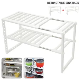 Holder Kitchen Shelf Organiser Floor Type Adjustable Extendable Double Layer Dishes Storage Rack Under Sink Multifunction Shelf 210705