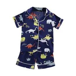 Kids Pajamas Dinosaur Print Nighdress Baby Boy Girls Sleepwear Button T Shirt Shorts Set Outfits Toddler 211130