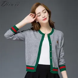 DIIWII Damskie dzianiny Cardigan Contrast Contrast Color Okrągły kołnierz Cienki Krótki sweter Jesień Moda Damska Odzież 211018