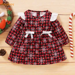 XMAS Princess Plaid Snowflake Bow Ruched Dress Toddler Kids Girls Clothes Christmas Children Casual Suit 6M-3Y G1026