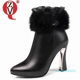 ZVQ 2022 Zima Nowy Moda Botki na zewnątrz Super Szpilki Super Szpilki Zipper Wskazany Toe Oryginalne Skórzane Kobiety Buty Drop Shipping D7EL #