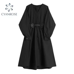 Gothic Style Black Long Dress Women Autumn Japanese Harajuku Sleeve With Belt Streetwear Cosplay Vintage Goth 210515