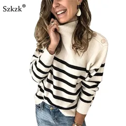 SZKZK 흑백 스트라이프 니트 스웨터 버튼 여성 풀 오버 여성 점퍼 가을 겨울 긴 소매 터틀넥 섹시 스웨터 211018