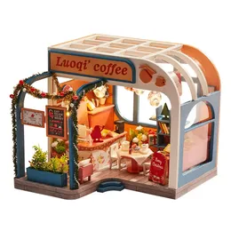 Iiecreate K-046 DIY monterad Luoqi Coffee Cabin Doll House Christmas Gifts Model Toy