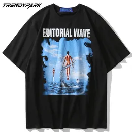 Tshirts Harajuku Human Rising z Ocean Print Casual Luźne Trójniki Koszule Streetwear Hip Hop Moda Krótki Rękaw Bawełniane Topy 210601