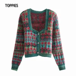 Toppies Vintage Jacquard Sweater Square Neck Knitted Cardigans Woman Short Jacket Coat Boho Style Ladies Tops 210412