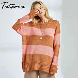 Tataria Długi rękaw Sweter z dzianiny dla kobiet Soft Pulowers Paski Jesień Winter Casual Vintage 210514