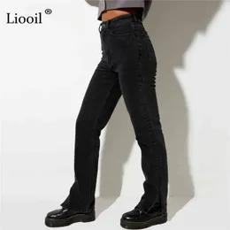Liooil pojkvän slits hög midja jeans kvinnor streetwear rakt ben svart skinny byxor fall casual denim byxor 211129