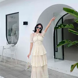 High-end Custom Luxury Runway Designer Self Portrait Dress Lace patchwork pleated French short sleeve cake dress long dress 210331