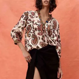 Kvinnor sommar vintage skjortor tops blouses za 3/4 ärm v-neck blommigryck kvinnlig mode lösa bomull topp kläder blusas 210513
