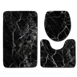 3pcs / set svart marmor tryckta mattor badrum toalett mattan polyester non-slip rug lock täcke duschrum våning 210626