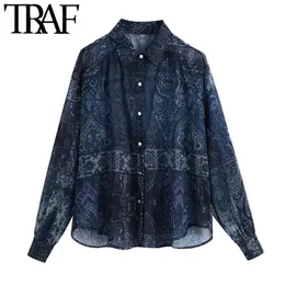 Women Fashion Semi-Sheer Paisley Print Oversized Blouses Vintage Long Sleeve Button-up Female Shirts Chic Tops 210507