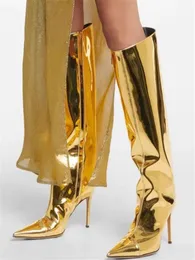 Женские носки сексуальные сияющие заостренные патентные шпильки колена золото синее зеркало кожаная кожа длинная высокая каблука 5 сапог 5
