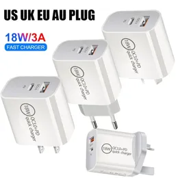 18W snabb snabb laddning EU US UK AU PD USB C Wall Charger Power Adapters för iPhone 8 11 XR Samsung Tablet PC Android -telefon