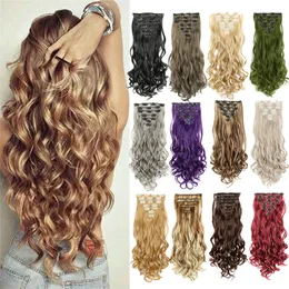 7pcs/Set 130G Synthetic Clip In Hair Extensions 22Inch Curly Big Wavy High Temperature Fiber Hairpieces For Women