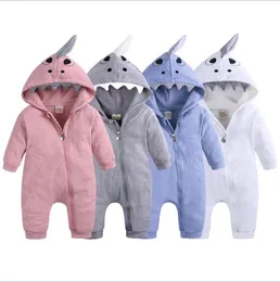 Baby Boys Girls Romper Cartoon Shark Hooded Jumpsuits Cotton Zipper Playsuit Winter Kids Clothing 8 Designs Optional BT6688