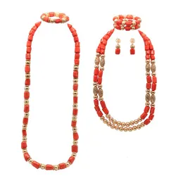 Örhängen Halsband Bride Groom Coral Set Nigerian Bröllopspärlor Par Beadsjewelry Kvinnor / Män Afrikanska Mode Smycken Tillbehör