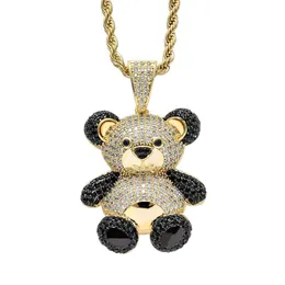 Bling Iced Out Teddy Bear Pendant Pave Full Cubic Zircon Fashion Hip Hop Smycken Panda Halsband för Kvinnor Män Present X0509