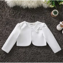 Kids Girls Long Sleeves Satin Jacket Wedding Formal Party White Bolero Beading Bow Coat Shrug Wrap Accessories Dress Capes 211011