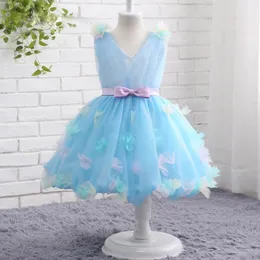 Elegant V-Neck Tulle Drapes Girls Dresses Multicolorized Flower Fairy Med Pretty Butterfly och Big Sash Bow Bridal Gown