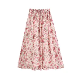 Women Chic Fashion Floral Print Pleated Midi Skirt Vintage High Elastic Waist Drawstring With Lining Female Skirts 210521