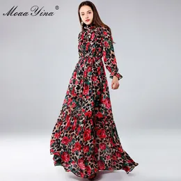 Projektant mody Maxi Dresses damskie z długim rękawem Sexy Leopard Drukuj róża kwiatowy elegancki impreza wakacje 210524