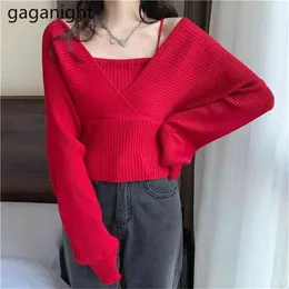 Gaganight Solid Korean Kvinnor Fake Två Pieces Sweater Långärmad Höst Vinter Strikkad Pullovers Kvinna Kontor Lady Chic Jumper 210806