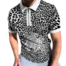 320 Summer Shirt Men Korean Polo 2022 Style Leopard Print Zipper Design Simple Lapel Short Sleeve Tshits Street