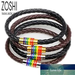 Fashion Black Brown Genuine Braided Leather Bracelet Women Men Stainless Steel Gay Pride Rainbow Magnetic Charms Bracelet Gift Factory price expert design Quality