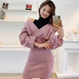 winter pink knitting korean ladies Sexy Long SLeeve off shoulder Party tight Sweater Dress for women clothing 210602