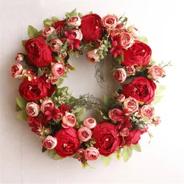 Dekoratif çiçek çelenk yüksek kaliteli diy Noel çelenk malzeme malzeme pembe gül kırmızı şakayık yapay çiçek sevgililer günü 40cm kapı dekor