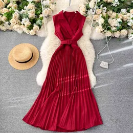 Teeuiear Vintage Slim notched neck bandage pleated long Dress Summer Party OL elegant tank sundress Women tunic office Dress X0521