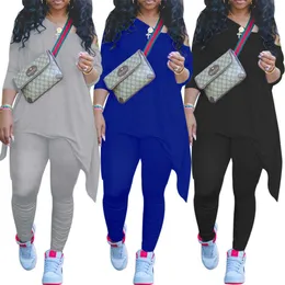 Designer-Frauen-Trainingsanzüge, zweiteiliges Set, geneigte Schulter, lange Ärmel, unregelmäßiges Hemd, blauer Pullover, Leggings, Kleidung in Übergröße