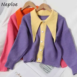 Neploe Autumn Fashion All-match Panelled Patchwork Sweater Chic Turn-down Collar Single Breasted Top Sweet Knitted Cardigans 210423