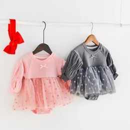 Spring Baby Onesie Tutu for Girls Cotton Romper Lovley Pink Dots Long Puff Sleeve Bebe Clothing 210529