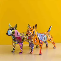 Creative Art Colorful Bull terrier Small English Resin Dog Crafts Home Decoration Color Modern Simple Office Desktop Craft 210727