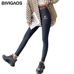 Bivigaos Lettere cinesi primaverili Lettere ad alta vita Legging Women Skinny Black Magic Pants Shin Slim Cotton Pencil 211204