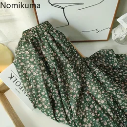 Nomikuma Blommor Tryckt kjolar Kvinnor Faldas Casual Vintage En Linje Skirt Kvinnor Koreanska Fashion Bottoms Jupe Longue Femme 210514