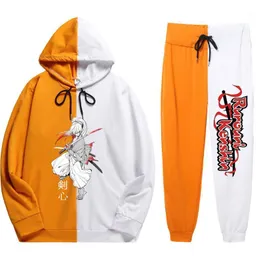 Men's Tracksuits Summer Man 2 Pieces Sets Anime Rurouni Kenshin Harajuku Print Comfortable Patchwork Thin Hoodie+Patchwork Pants