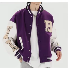 Men Baseball Jacket Hip Hop Harajuku Embroidery Bone Letter Patchwork Bomber Coat Fashion High Street Casual Loose Unisex 211014