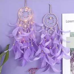 Flickor Hem Rum Dekorationer Dream Catcher Wall Hängande Vind Chimes LED Handgjorda Dreamcatcher Feathers