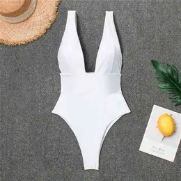 Deep V White Monokini Plunging Thong Bathing Suit Women Swimsuit Bodysuit Swim Wear Female Sex Swimwear 210702