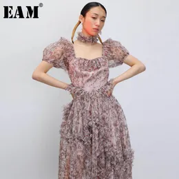 [EAM] Kobiety Wzór Drukowane Mesh Ruffles Dress Square Collar Krótki Rękaw Loose Fit Fashion Spring Lato 1905 21512
